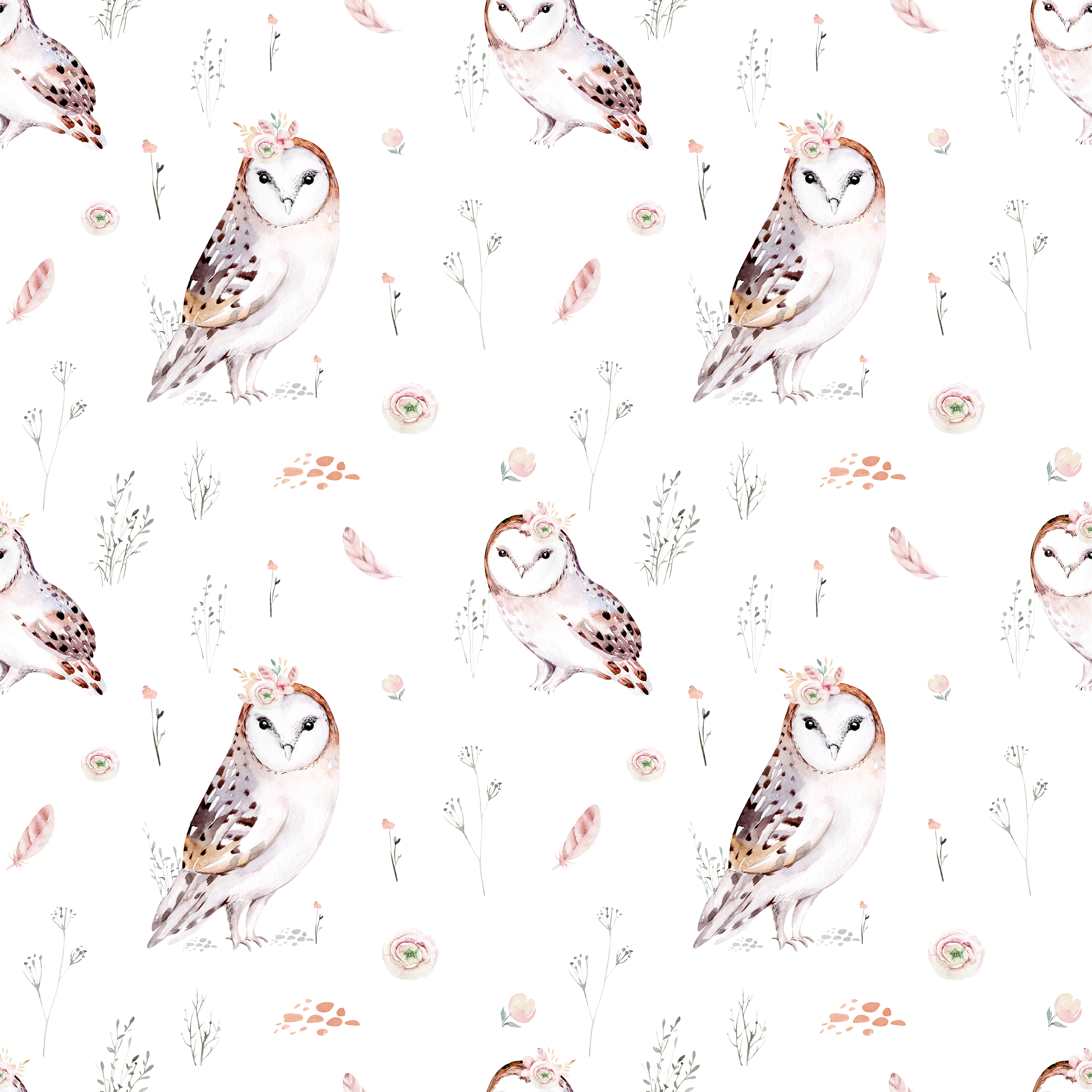 Watercolor owls with flowers Custom Fabric by the Yard