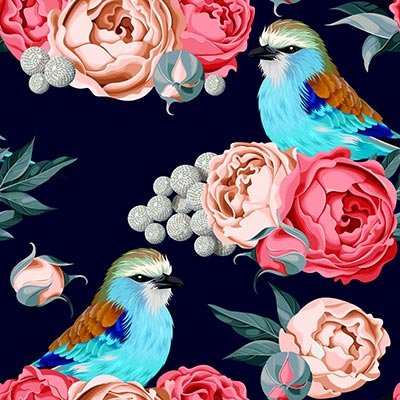Blue birds on flowers