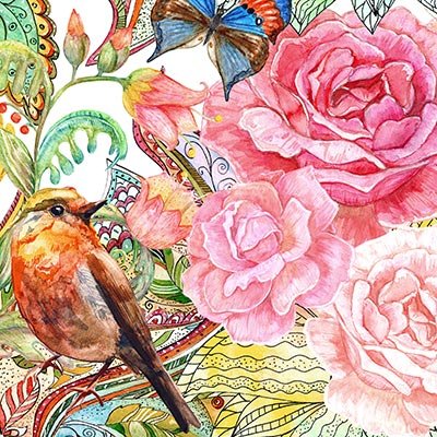 Bird, flowers and butterflies