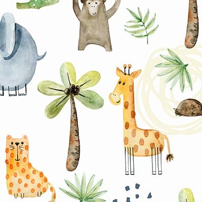 Elephant, monkey, leopard, turtle and palm trees