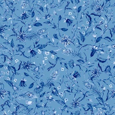 Blue flowers and peacock feathers