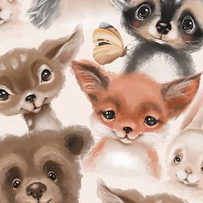 Deer, bear, bunny, fox, and hedgehog