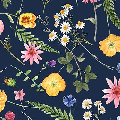 Vibrant flowers, leaves and beetles on blue