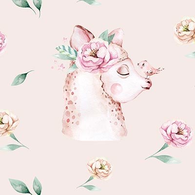 Fabric with cute llama watercolor draw for girls