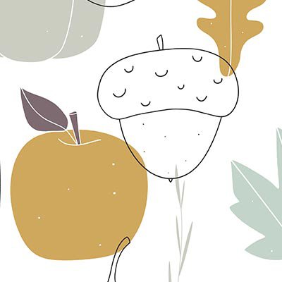 Acorn, apple, pumpkin, pear, mushroom and leaves