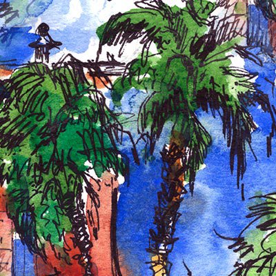 Watercolor palm trees and red walls