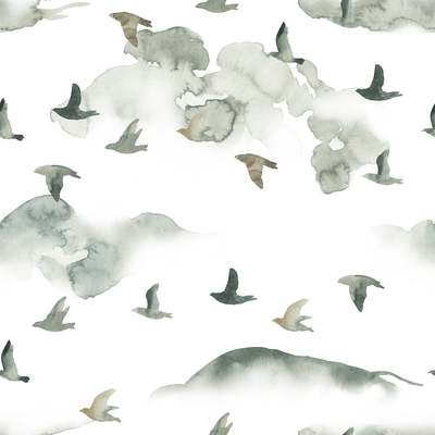 Watercolor birds and clouds