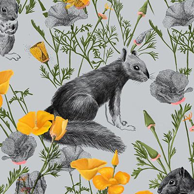 Squirrels and flowers on gray