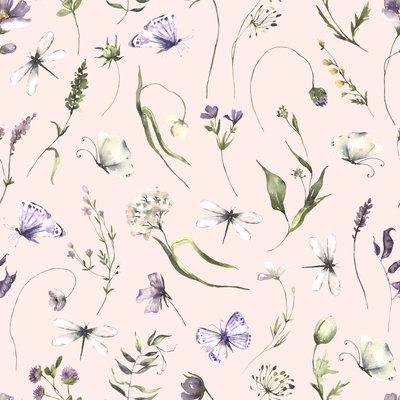 Butterflies and dragonflies with field flowers