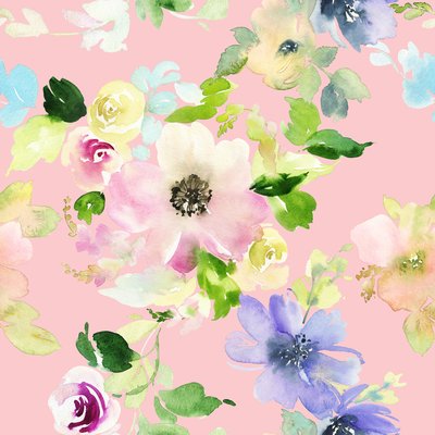 Bright watercolor flowers on pink